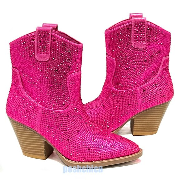 New Women Fuchsia Pink Blingy Rhinestone Cowboy Western Ankle Boots  Booties - Picture 4 of 5